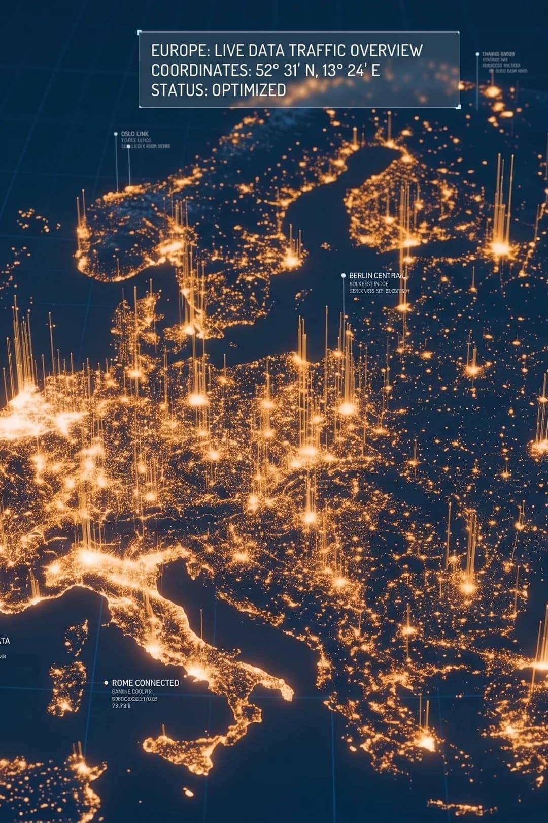 Nächtliche Karte Europas mit den Lichtern vernetzter Ballungsräume