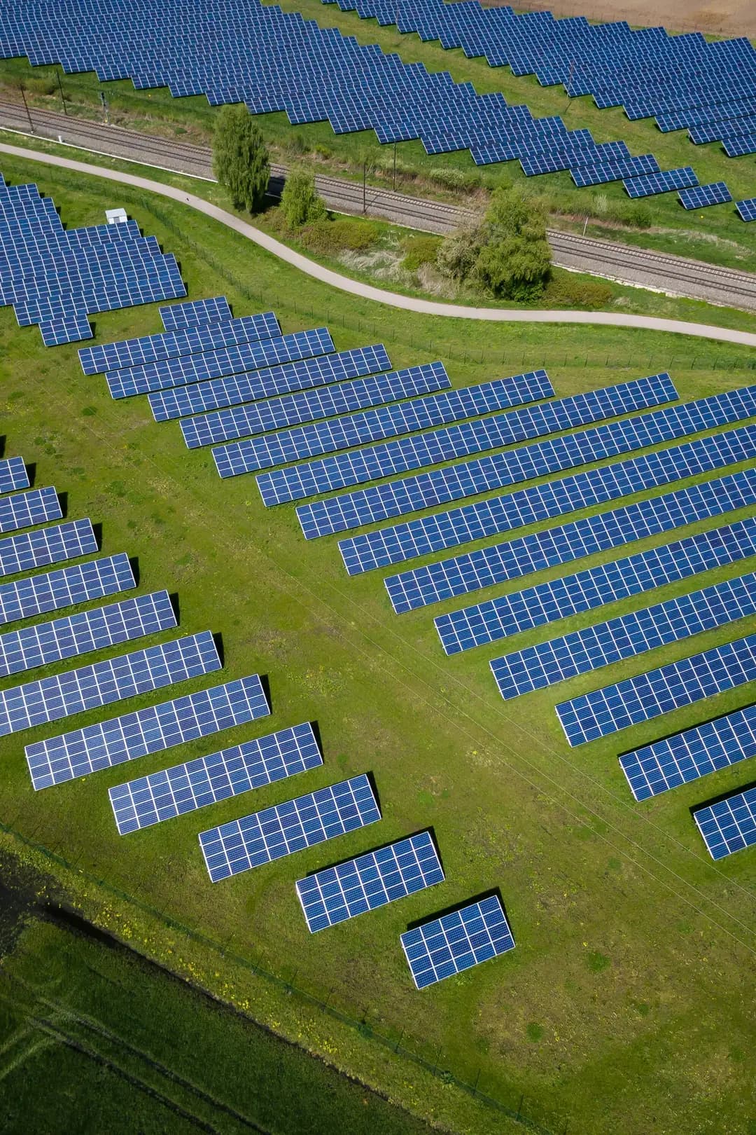Luftaufnahme eines Solarparks mit Photovoltaikmodulen auf einer Wiese